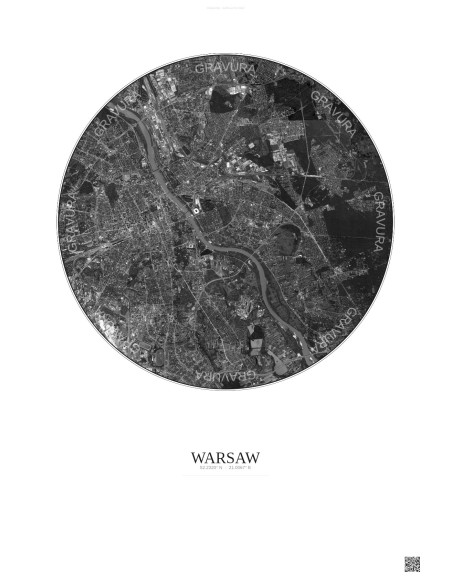 Affiche Warsaw – Poster vue satellite 10km N&B | Gravura – Fond clair