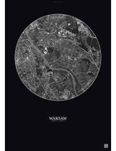 Warsaw Satellite View Poster 6km B&W | Gravura – Dark background