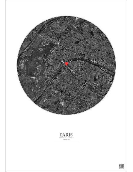 Paris - Vue satellite personnalisée 5 km · N&B · Fond clair