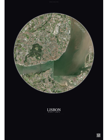 Lisbon Satellite View Poster 10km Color | Gravura – Dark background