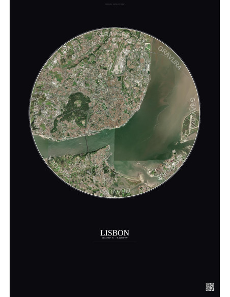 Lisbon Satellite View Poster 10km Color | Gravura – Dark background