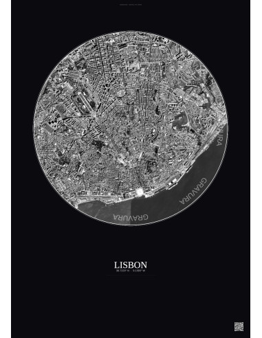Lisbon Satellite View Poster 2.5km B&W | Gravura – Dark background