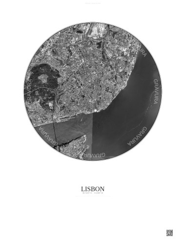 Lisbon Satellite View Poster 6km B&W | Gravura – Light background
