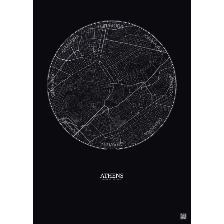 Affiche Athens – Poster carte de ville 2.5km | Gravura – Fond foncé