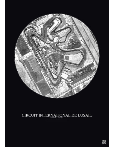 Affiche Circuit International De Lusail – Poster vue satellite 1km N&B | Gravura – Fond foncé