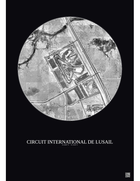 Circuit International De Lusail Satellite View Poster 2.5km B&W | Gravura – Dark background