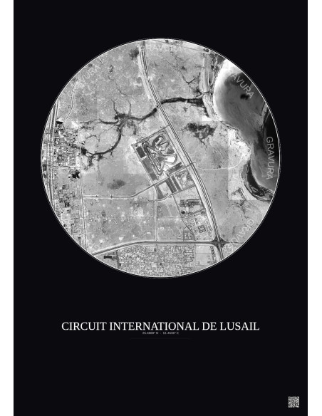Affiche Circuit International De Lusail – Poster vue satellite 5km N&B | Gravura – Fond foncé