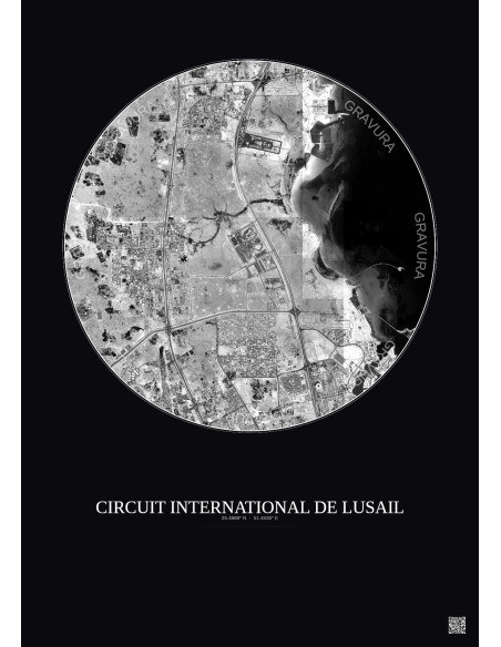 Affiche Circuit International De Lusail – Poster vue satellite 10km N&B | Gravura – Fond foncé