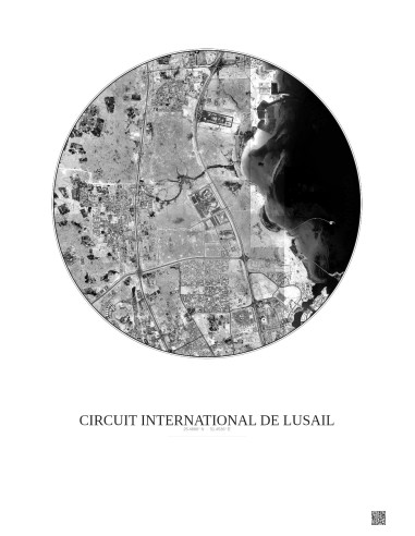 Affiche Circuit International De Lusail – Poster vue satellite 10km N&B | Gravura – Fond clair