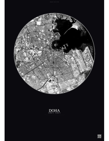 Affiche Doha – Poster vue satellite 10km N&B | Gravura – Fond foncé
