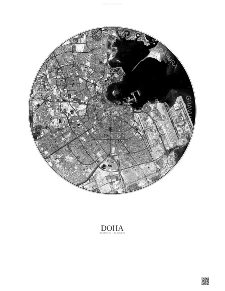 Affiche Doha – Poster vue satellite 10km N&B | Gravura – Fond clair