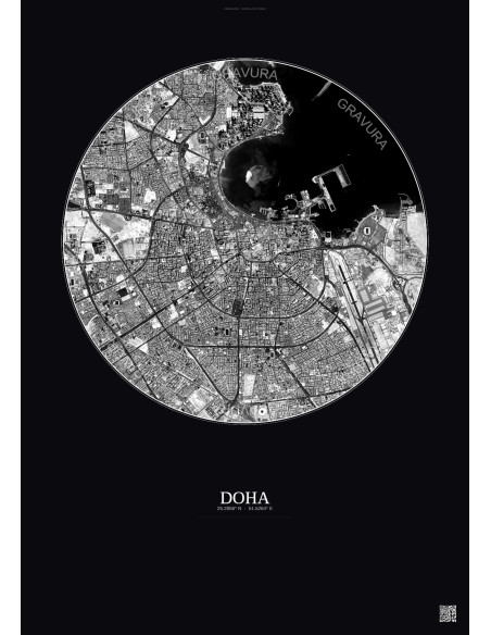 Affiche Doha – Poster vue satellite 6km N&B | Gravura – Fond foncé