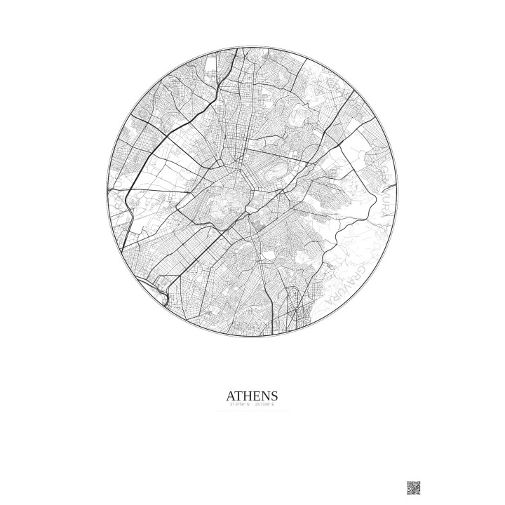 Affiche Athens – Poster carte de ville 6km | Gravura – Fond clair