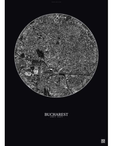 Affiche Bucharest – Poster vue satellite 2.5km N&B | Gravura – Fond foncé