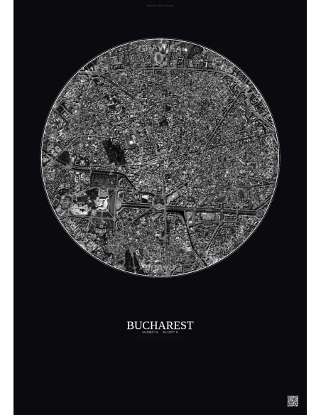 Affiche Bucharest – Poster vue satellite 2.5km N&B | Gravura – Fond foncé