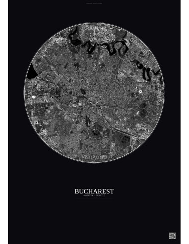 Bucharest Satellite View Poster 6km B&W | Gravura – Dark background