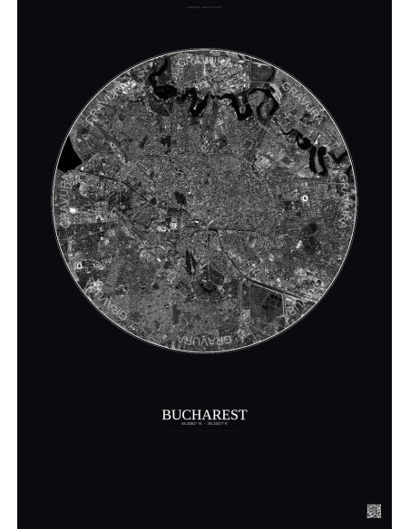 Bucharest Satellite View Poster 6km B&W | Gravura – Dark background