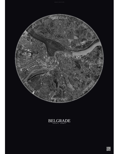 Affiche Belgrade – Poster vue satellite 10km N&B | Gravura – Fond foncé