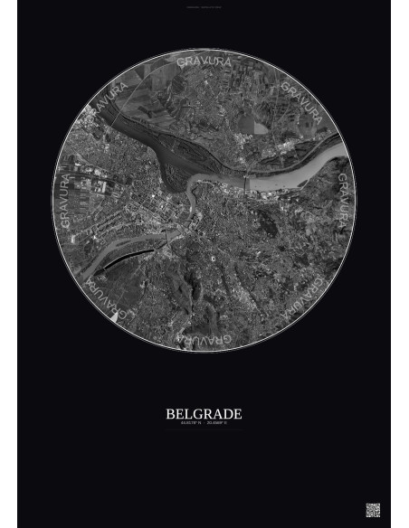 Affiche Belgrade – Poster vue satellite 10km N&B | Gravura – Fond foncé
