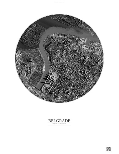 Affiche Belgrade – Poster vue satellite 2.5km N&B | Gravura – Fond clair