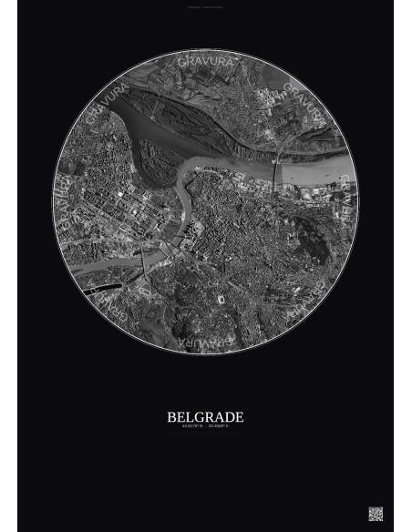 Belgrade Satellite View Poster 6km B&W | Gravura – Dark background