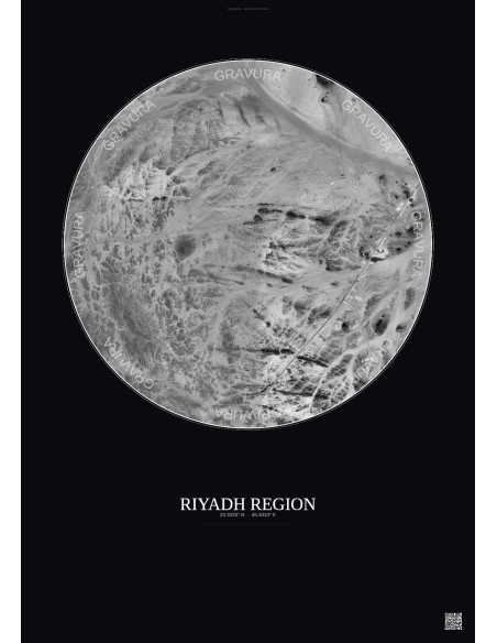 Affiche Riyadh Region – Poster vue satellite 10km N&B | Gravura – Fond foncé