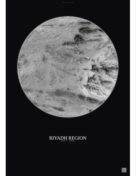 Affiche Riyadh Region – Poster vue satellite 2.5km N&B | Gravura – Fond foncé