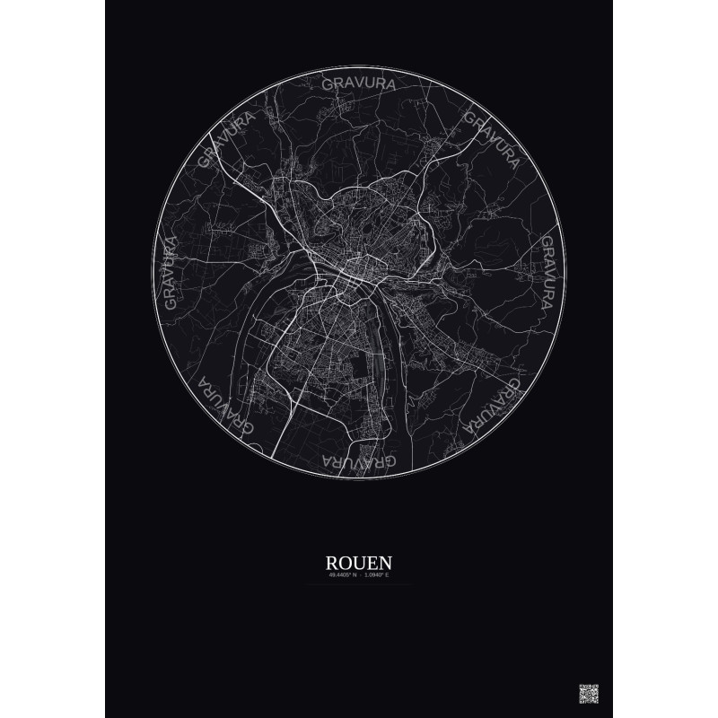 Affiche Rouen – Poster carte de ville 10km | Gravura – Fond foncé