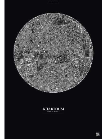 Affiche Khartoum – Poster vue satellite 2.5km N&B | Gravura – Fond foncé