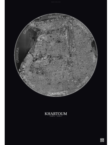 Affiche Khartoum – Poster vue satellite 6km N&B | Gravura – Fond foncé