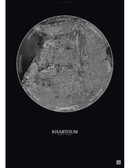 Affiche Khartoum – Poster vue satellite 6km N&B | Gravura – Fond foncé