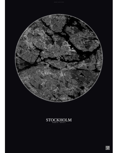Stockholm Satellite View Poster 10km B&W | Gravura – Dark background