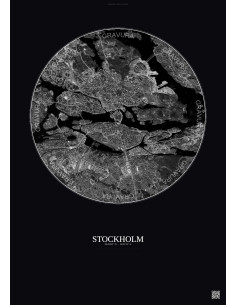 Affiche Stockholm – Poster vue satellite 6km N&B | Gravura – Fond foncé