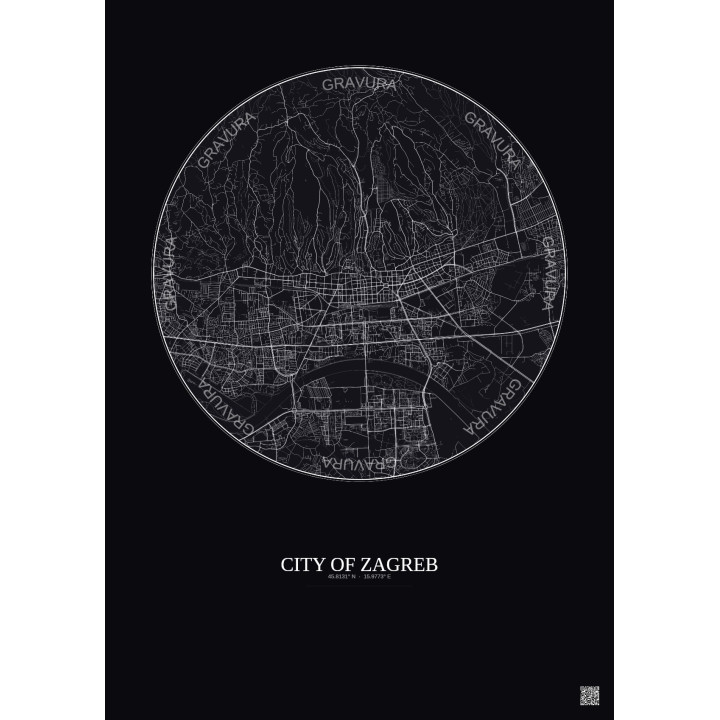 Affiche City Of Zagreb – Poster carte de ville 6km | Gravura – Fond foncé