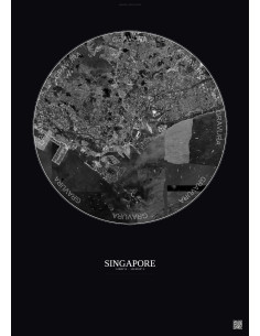Affiche Singapore – Poster vue satellite 10km N&B | Gravura – Fond foncé