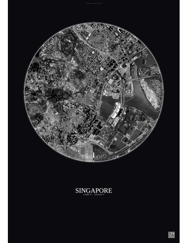 Affiche Singapore – Poster vue satellite 2.5km N&B | Gravura – Fond foncé