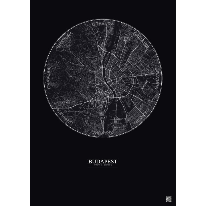 Affiche Budapest – Poster carte de ville 10km | Gravura – Fond foncé