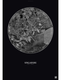 Affiche Singapore – Poster vue satellite 6km N&B | Gravura – Fond foncé