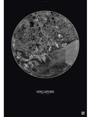 Affiche Singapore – Poster vue satellite 6km N&B | Gravura – Fond foncé