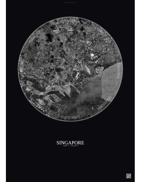 Affiche Singapore – Poster vue satellite 6km N&B | Gravura – Fond foncé