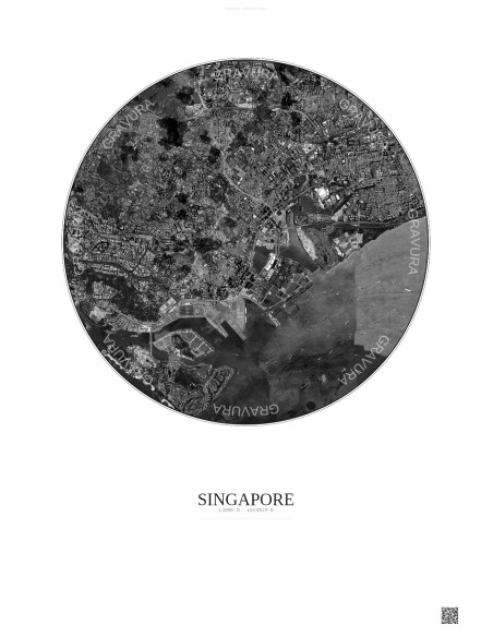 Affiche Singapore – Poster vue satellite 6km N&B | Gravura – Fond clair