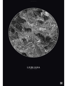 Affiche Ljubljana – Poster vue satellite 10km N&B | Gravura – Fond foncé