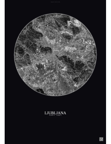 Ljubljana Satellite View Poster 10km B&W | Gravura – Dark background