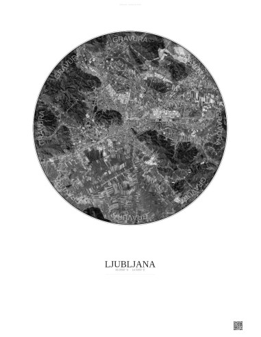 Ljubljana Satellite View Poster 10km B&W | Gravura – Light background