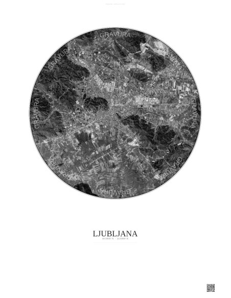 Ljubljana Satellite View Poster 10km B&W | Gravura – Light background