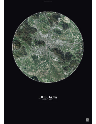 Affiche Ljubljana – Poster vue satellite 10km Couleur | Gravura – Fond foncé