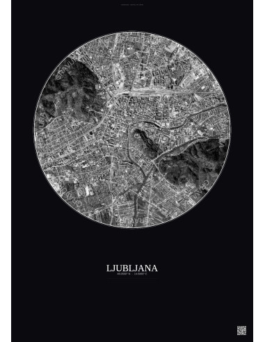 Affiche Ljubljana – Poster vue satellite 2.5km N&B | Gravura – Fond foncé