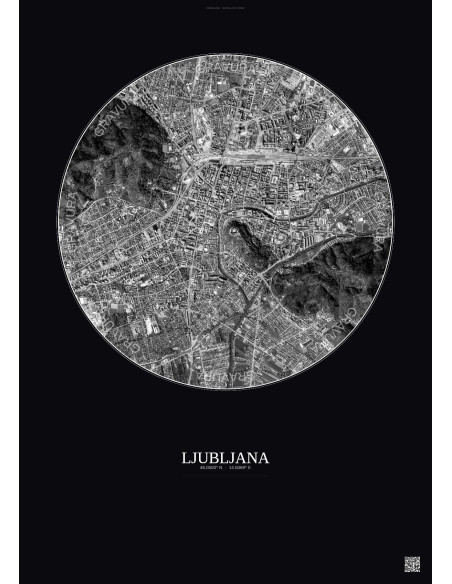 Affiche Ljubljana – Poster vue satellite 2.5km N&B | Gravura – Fond foncé