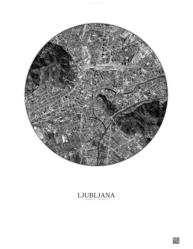 Affiche Ljubljana – Poster vue satellite 2.5km N&B | Gravura – Fond clair