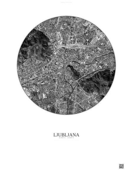 Affiche Ljubljana – Poster vue satellite 2.5km N&B | Gravura – Fond clair